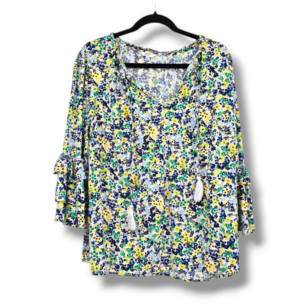 Crown & Ivy Women's‎ Plus Cottage Floral Split Neck Ruffle Bell Sleeve Blouse 0X
